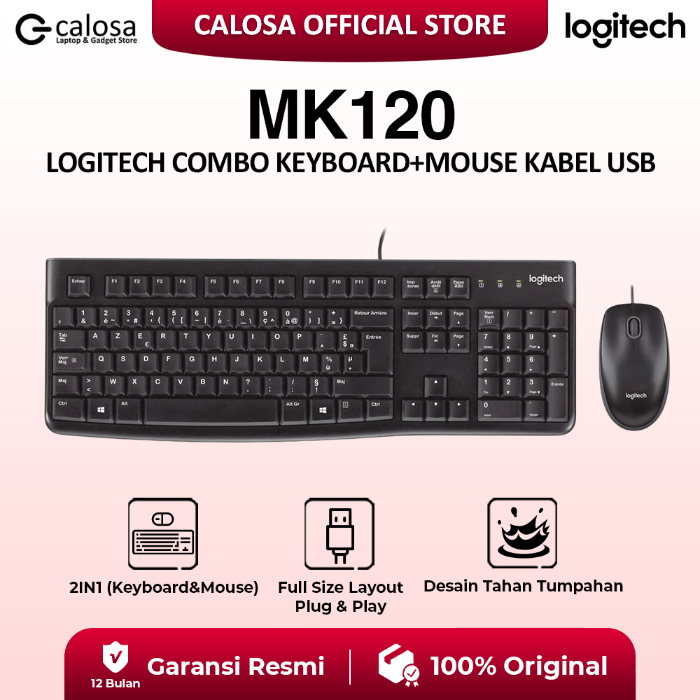 แพ็คเกจคอมโบคีย์บอร์ด Logitech MK120 MK 120 + เมาส์ USB แบบมีสายสําหรับพีซีและคอมพิวเตอร์การรับประกั