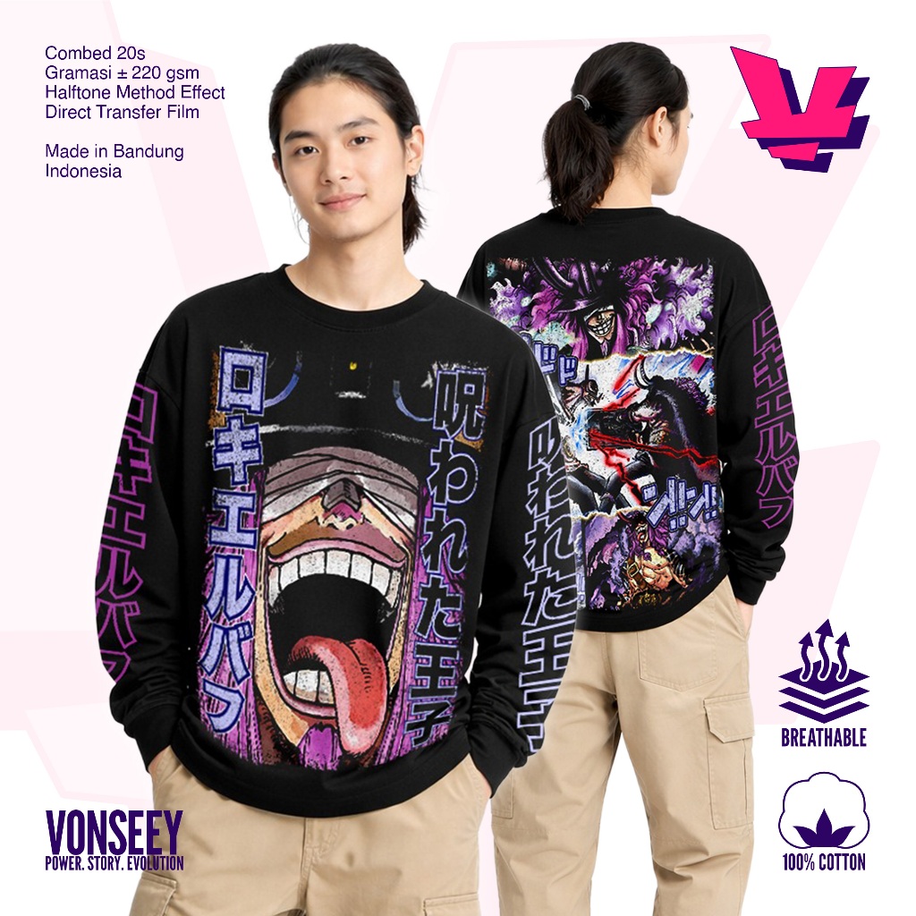 VONSEEY LONGSLEEVE OVERSIZE LOKI ELBAF ARC ONE PIECE ANIME MANGA LONG-SLEEVED เสื้อยืด COMBED 20S สีดํา