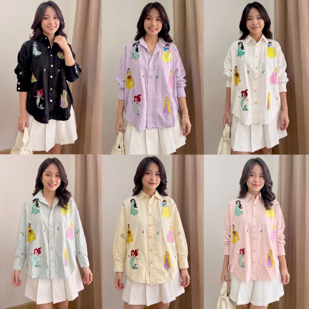 KEMEJA MAWAR NANDO DISNEY PRINCESS SHIRT DENIM SOFT COLOR JEANS ROSE BUTTONSLEEVE 40760