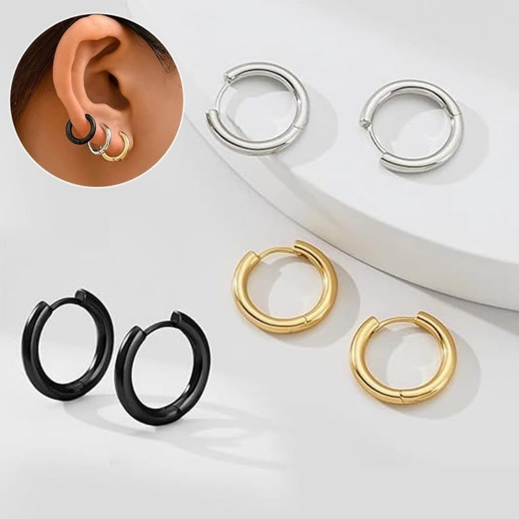 TITANIUM HOOP EARRINGS สําหรับผู้หญิง/ผู้ชาย ROUND SILVER EARRINGS