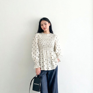 Mecloth - Blouse Atasan Wanita Lengan Panjang Blouse Polkadot Korean Blouse Kerut Lengan Balon
