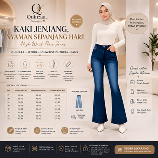 QUINZAA - Jennie-HighWaist Cutbray Jeans Celana Flare Panjang Stretch Wanita Retro Vintage Lipat Bawah