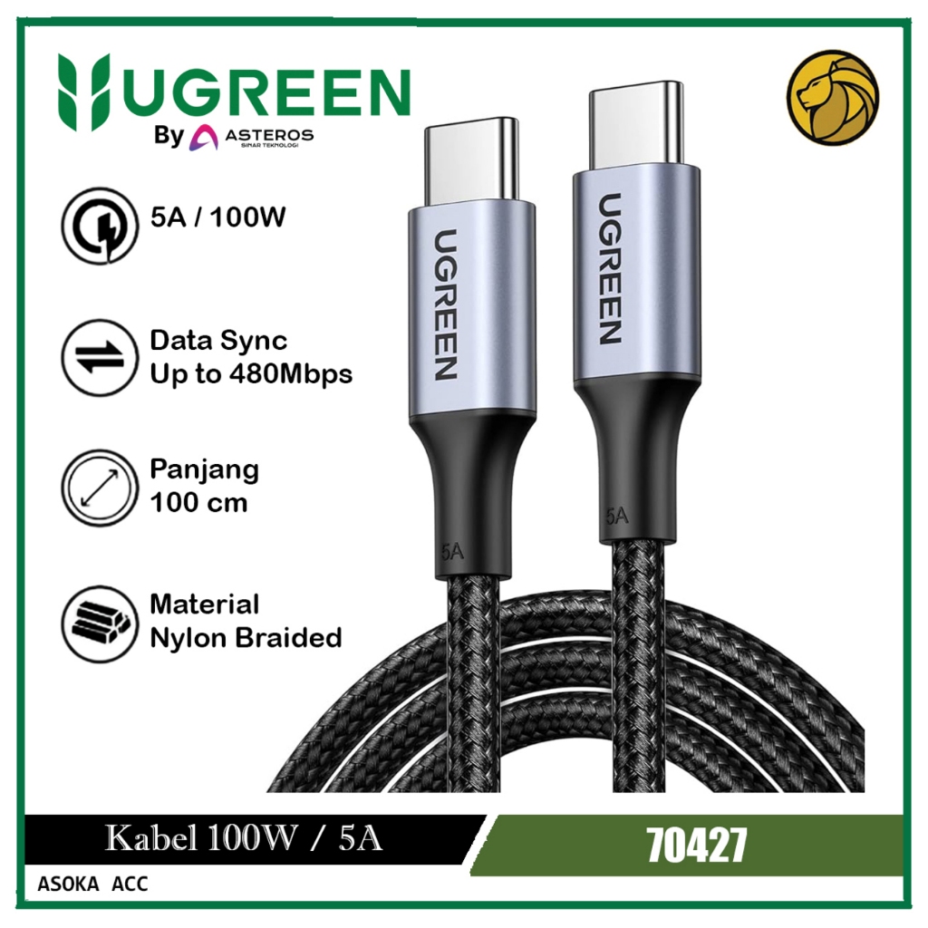 UGREEN สายเคเบิลข้อมูล 3A 60W | 5A 100W USB-C ถึง Type C 1 เมตรไนลอนถัก 70427 50150