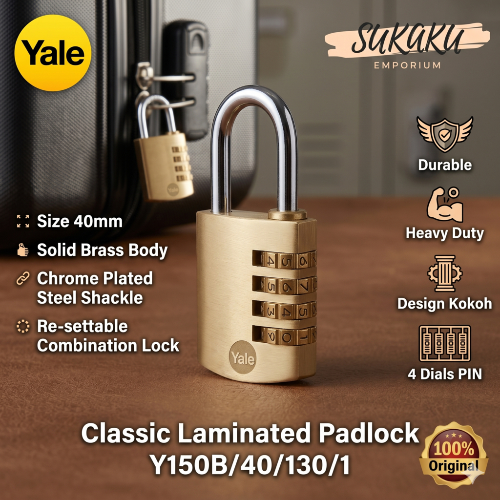 YALE กุญแจรหัส 40 มม.Y150B/40/130/1 ทองเหลืองกุญแจรวม 4 ตัวเลขบ้าน/Gerbang/Suitcase COMBINATION