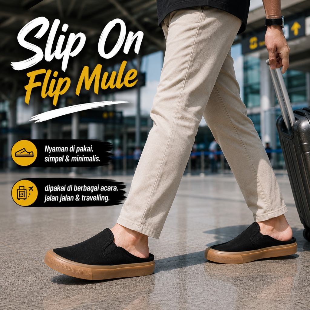SABA Vintage Slip On Flip Mule All Black Gum - รองเท้าผ้าใบลําลองสําหรับผู้ชายและผู้หญิง | ง่าย สบาย&อินเทรนด์ เอฟเอ็ม 04