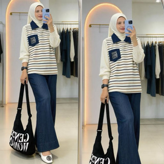 Belina Set Wanita Premium Jeans Mix Kaos Motif Salur Bordir Kantong Oneset Wanita impor Premium Kualiti