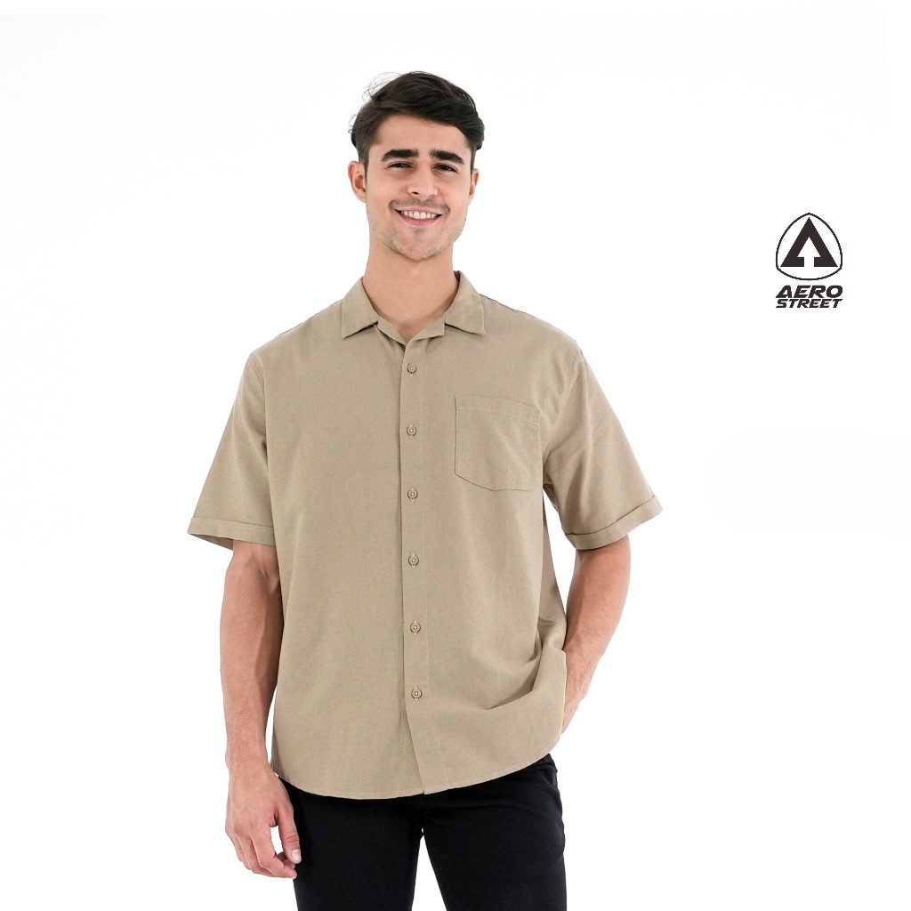 KEMEJA เสื้อ Aerostreet Linen Look Savero Khaki Man QHBAA