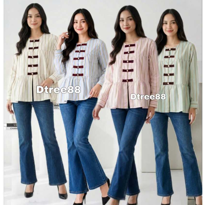 KATUN Dtree . เสื้อลายทาง Asmara Cheongsam วัสดุผ้าฝ้ายเหนียว / เสื้อลายทางผู้หญิงมีกระดุม LD 100 cm & LD 118 cm