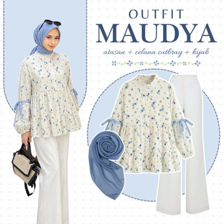 Setelan Wanita Casual Kekinian Blouse Floral Lengan Panjang + Celana Cutbray + Hijab – One Set Hijab Oversize Nyaman – FS41