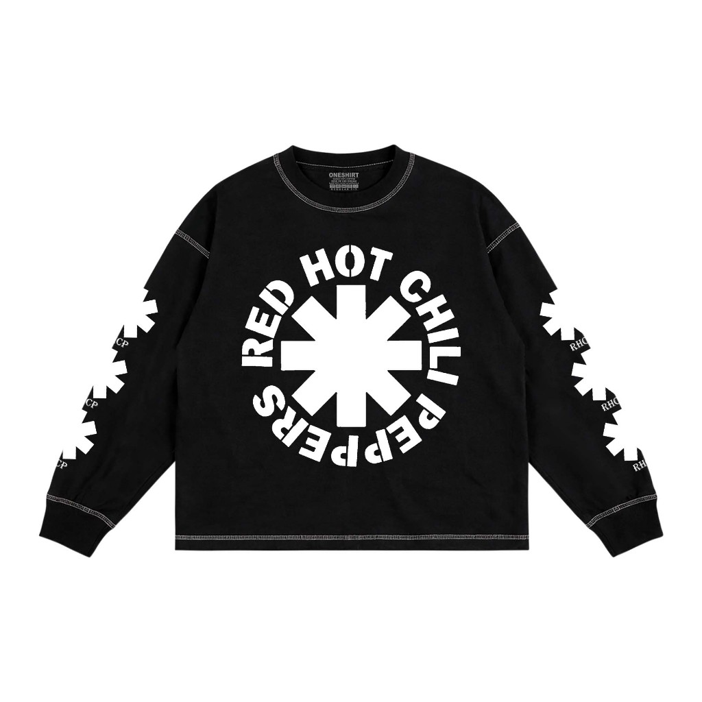 Oneshirt Overlock เสื้อยืดนอกกระจก boxy Rhcp Logo B&W แขนยาว unisex