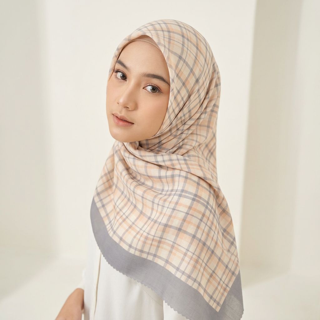DENAY SQUARE HIJAB CODE 774 KHAKI PLAID HIJAB MADE OF SUBLIMIE PRINTING VOAL MATERIAL