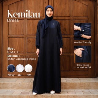 Nobby Kemilau Dress Gamis Lengan Panjang Wanita Full Furing Bahan Shifon Jacquard Stripe