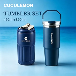 Cuculemon Tumbler Murah Set 450ml & 890ml Warna Biru Navy Stainless 304 Botol Minum Air Panas Tahan Vakum Termos Mini Untuk Kopi