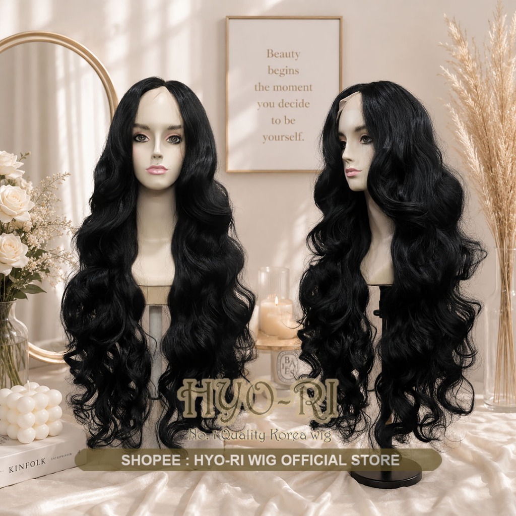 HYO-RI WIG : FRONT LACE WIG LACE LONG WIG WOMENS WIG NATURAL KOREAN WIG LONG CURLY WAVE BLACK WAVE W