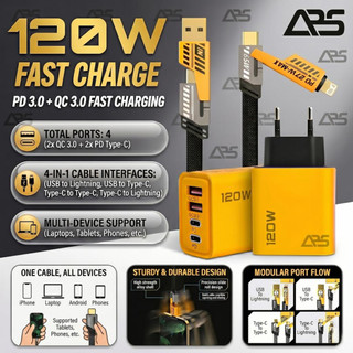 Charger 120W Batok 120W + Kabel 4 in 1 65W Fast Charging PD TYPE C TO C 4 Port Kabel Casan 4in1 Tipe C USB iOS Lightning USB