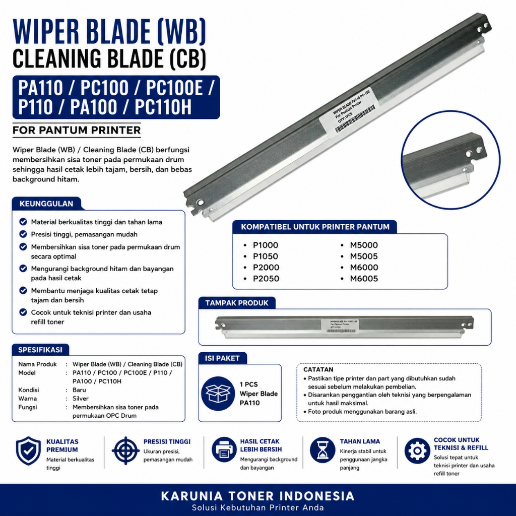 WIPER BLADE WB CLENING BLADE CB PA110 PC 100 PC 100E P110 PA 100 PC 110H สําหรับ P1000 P1050 P2000 P