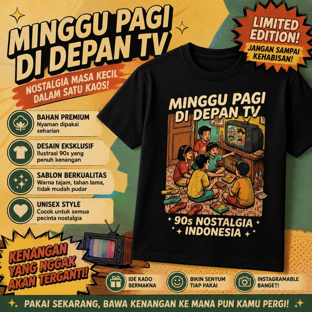 เสื้อยืดอินโดนีเซีย Nostalgia 90s Morning Sunday in the Front of the TV Vintage Retro Unisex Premium