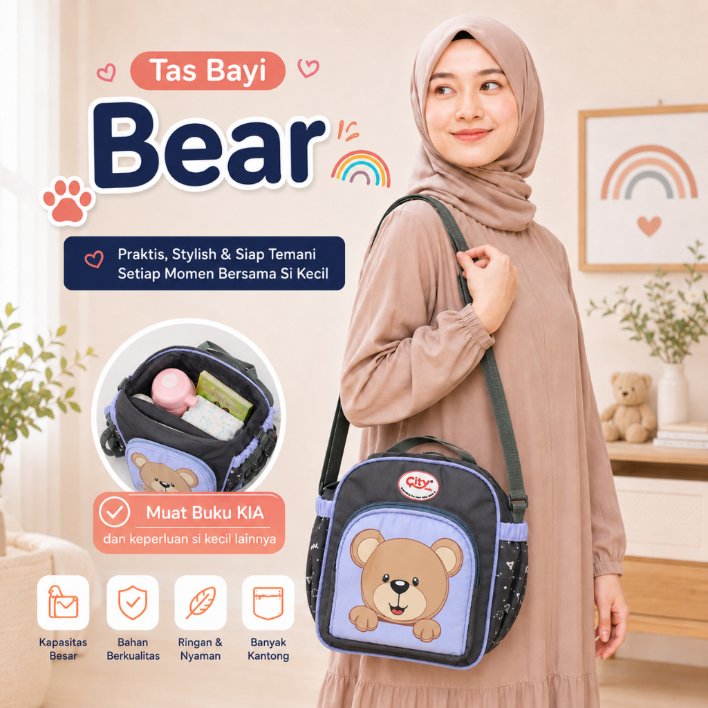 Multifunctional Baby Bag Small Baby Bag Bear Motif Baby Gear Bag Sling Bag