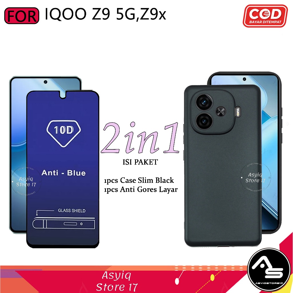 2IN1 Case Tempered Glass Blue IQOO Z9 5G Z9x Softcase Protect Camera สีดํา