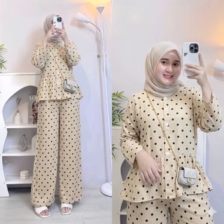 SETELAN WANITA RAYON MOTIF POLKADOT VIRAL | ONE SET REMAJA KEKINIAN BAHAN RAYON ADEM Nyaman