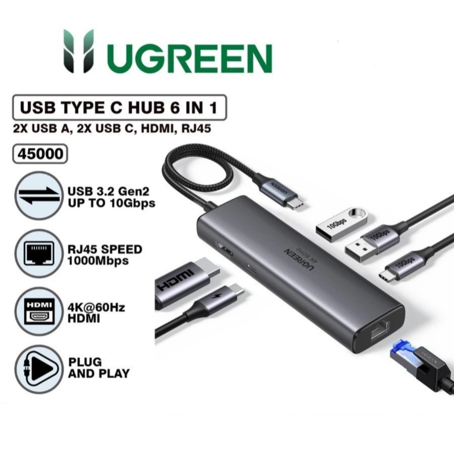 UGREEN 45000 USB Type Hub C 6 in 1 สูงสุด 10Gbps
