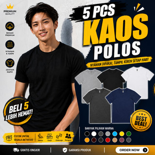 Paket 5 Kaos Pria Premium | Kaos Polos Cowok | Regular Basic T-shirt Soft