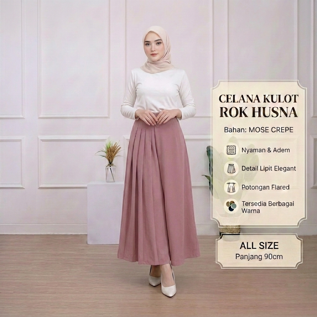 Husna Polite กางเกงกระโปรงผู้หญิงพรีเมี่ยมหรูหรา 2 ปุ่ม วัสดุ Moscrepe
