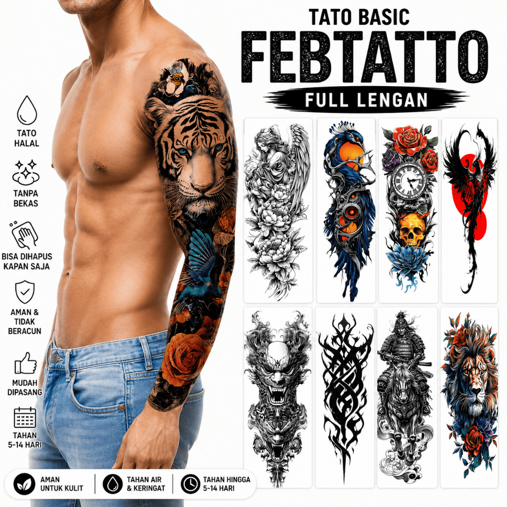 Basic รอยสักชั่วคราว FULL SLEEVE 17x48cm รอยสักชั่วคราว ฮาลาล รอยสักน้ํา Devil Lion Peacock Angel Wi