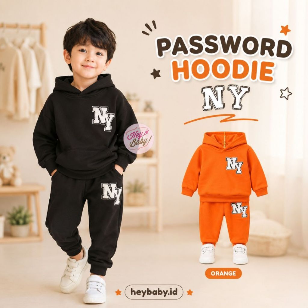HEYBABY-Password Hoodie NY เสื้อกันหนาวชุด 1-7 ปีเสื้อผ้าเด็กคุณภาพ