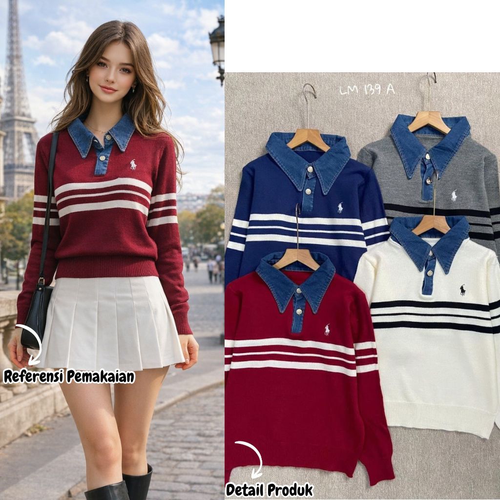 ผู้หญิง KNIT TOP LM139A 139A PREMIUM KNIT STRIPED COMBINATION MIX JEANS COLLAR LATEST แฟชั่นABLE