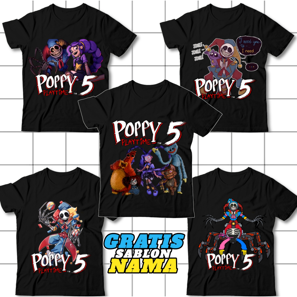 (ชื่อฟรี) เสื้อยืดเด็กยอดกับ POPPY PLAYTIME CHAPTER 5 HUGGY WUGGY GITTLET LILY LOVEBRAIDS THE PROTOT