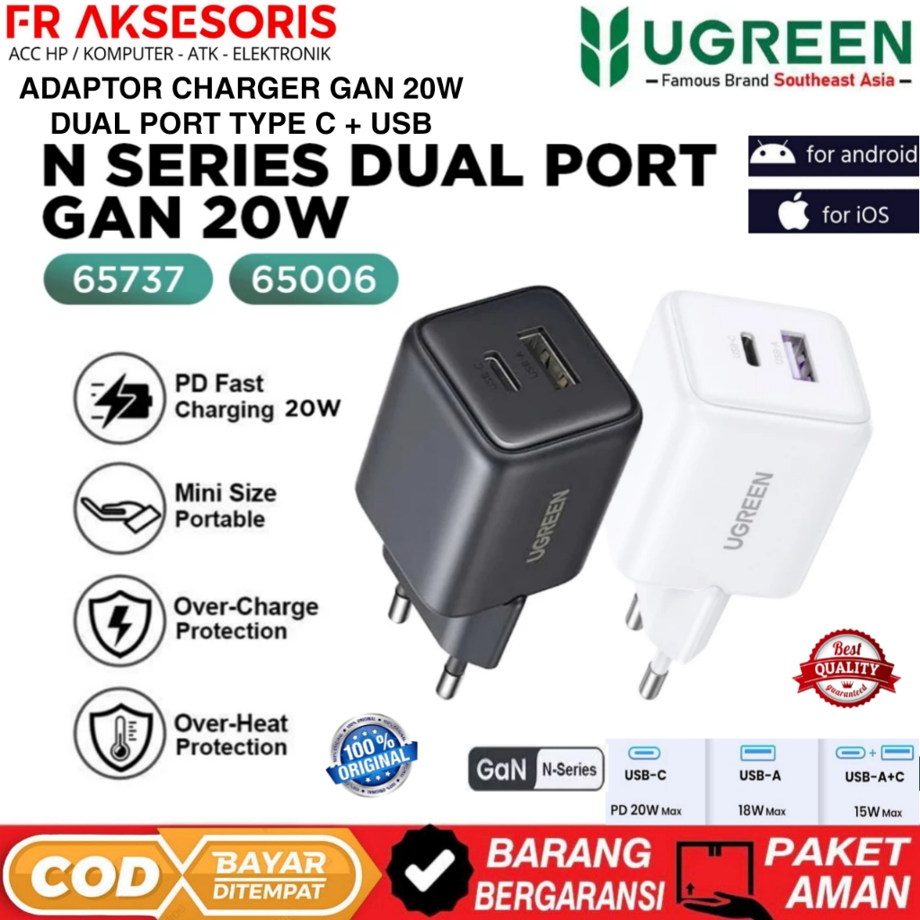 UGREEN 20W CHARGER ADAPTER GAN PD Dual Port Charger Head TYPE C & USB Fast Charging 20W UGREEN 65006