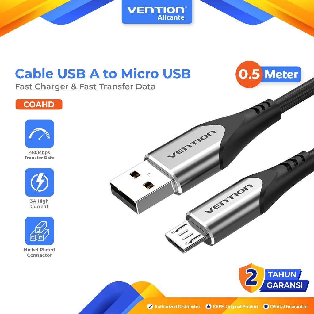Vention สาย USB A to Micro USB 3A Fast Charging Nylon Braided 0.5 เมตร - COAHD