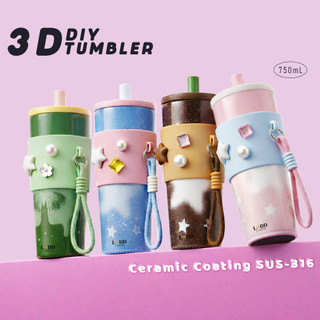 LeDingDing- 3D Cute Pins Botol Minum DIY Ceramic Berlapis Tumbler Tahan Panas Dingin 24 Jam Aesthetic Kopi Portabel Vakum Tumbler