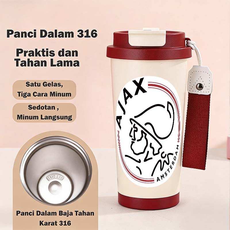 TERMOS Football Ajax Amsterdam Tumbler Thermos Coffee CUP 500 ML Thermos Custom Stainless Straw Bott