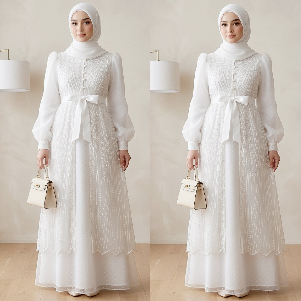 ชุดเดรสให้นม 2-ใน-1 สีขาวพร้อมเสื้อกั๊กกระเบื้อง กระดุมปัก ออร์แกนซ่า การผสมผสาน เสื้อผ้ามุสลิม วิมา