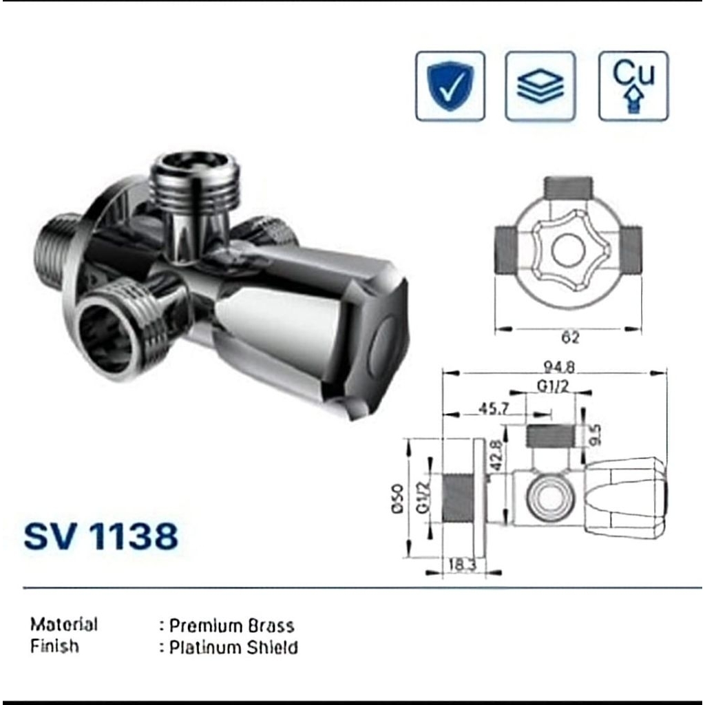 STOP VALVE DEKKSON 3 OUTLET SV 1138 CP Stop VALVE 3 กิ่งทองเหลือง