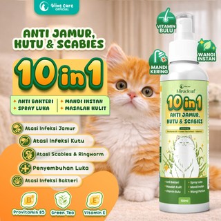 Olive Care 10 in 1 ALL SKIN SOLUTION Anti Kutu, Jamur, Scabies, Ringworm, Luka, Anti Bakteri, Ruam Merah, Ketombe, Gatal, Solusi All Masalah Kulit, Fungsi Mandi & Wangi Instan dengan Hair Vitamin Booster, Dry Shampo, Parfum Kucing dan Hair Mist Miraclean