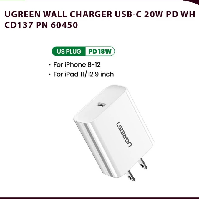 UGREEN เครื่องชาร์จติดผนัง USB-C 20W PD WH - CD137 PN 60450 pn60450