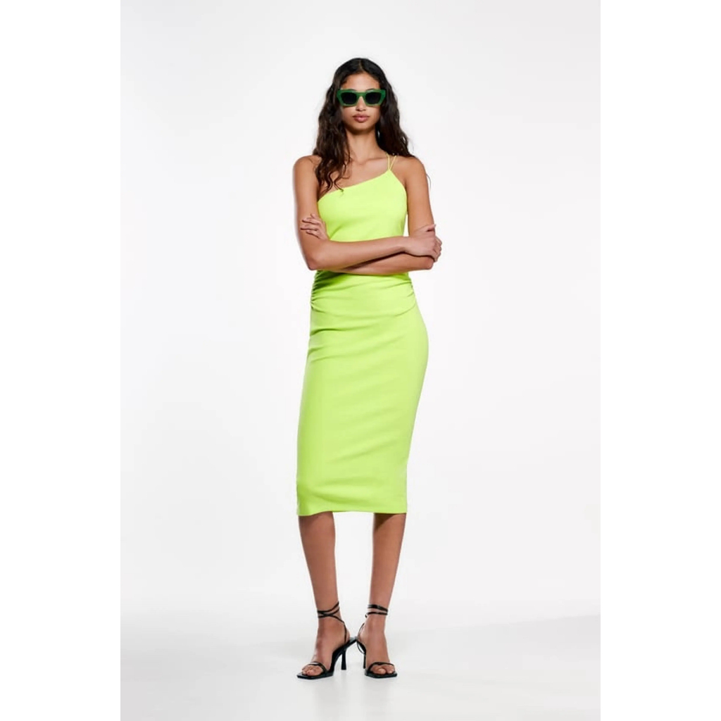ZARA ผู้หญิง ASYMMETRIC MIDI DRESS LIME GREEN