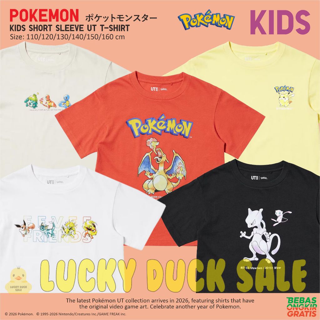 KATUN UNIQLO เด็ก Pokemon อะนิเมะวิดีโอเกม UT เสื้อ Pikachu Eevee Charizard Unisex ผ้าฝ้ายเสื้อยืดเด