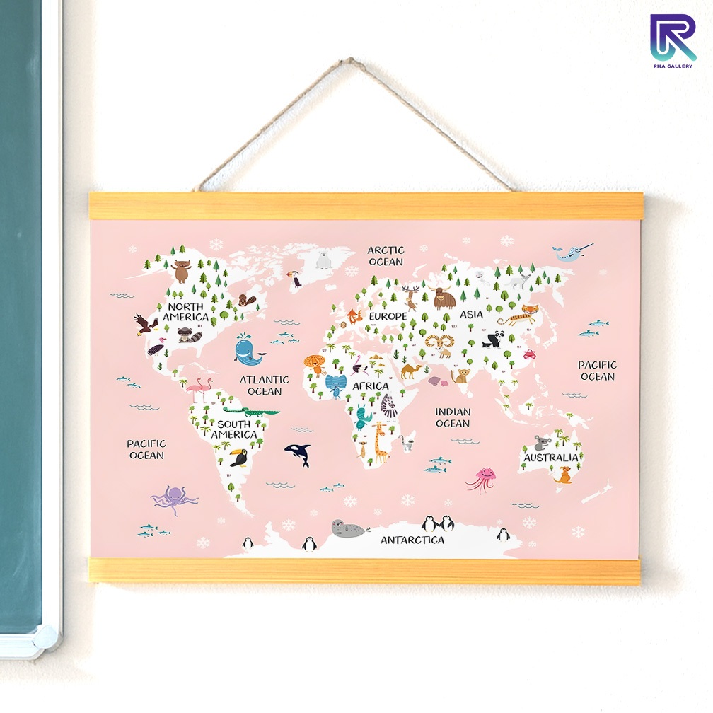 RHA GALLERY โปสเตอร์การศึกษาสําหรับเด็กแผนที่โลก Interactive Learning Wall Display