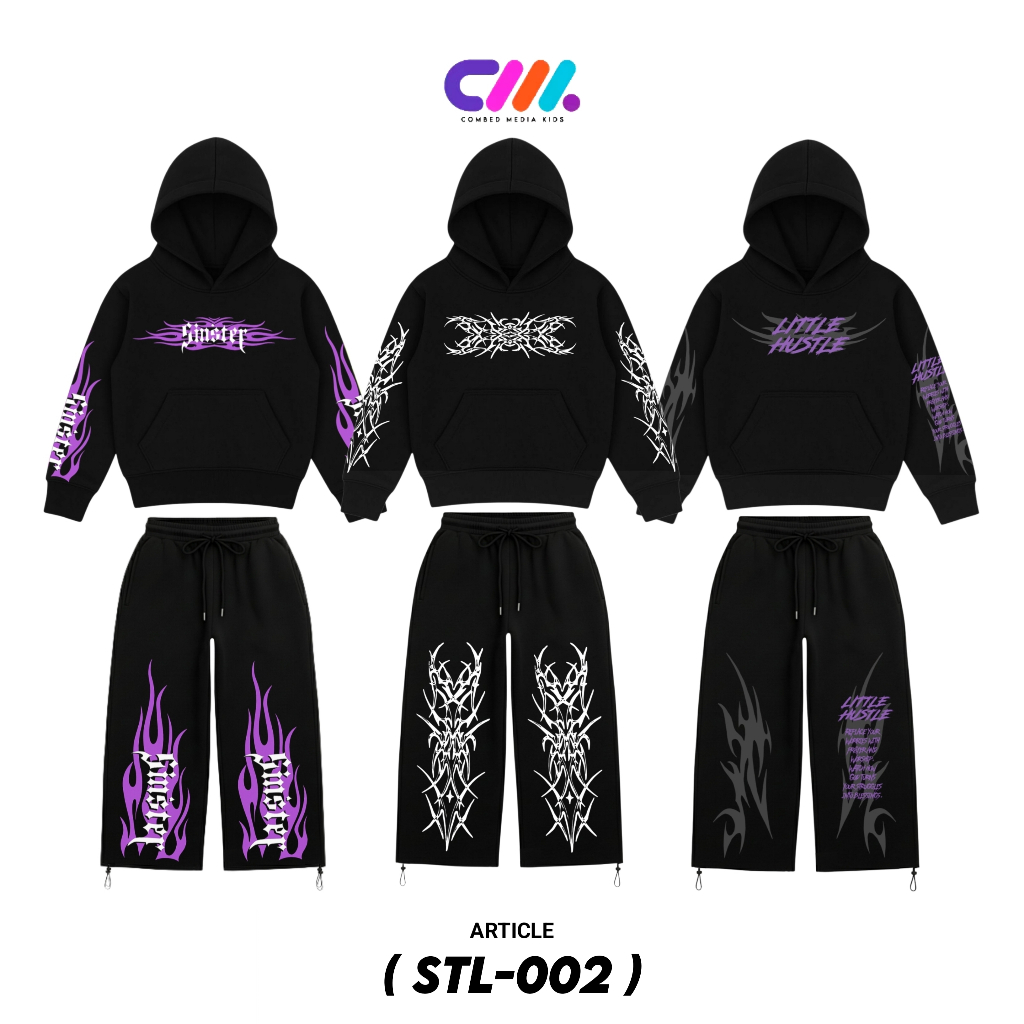 COMBEDMEDIA ชุดเสื้อฮู้ดและกางเกงสําหรับเด็ก Unisex Savage สีดําอายุ 7-12 ปีขนแกะ STL-002