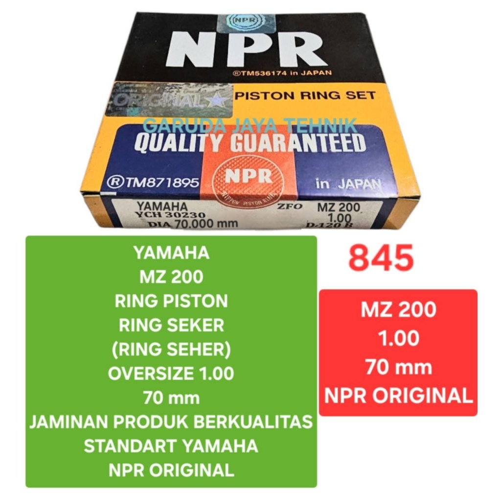 แหวนชุดแหวนลูกสูบแหวนลูกสูบแหวนลูกสูบแหวนลูกสูบ 100 Yamaha MZ200 MZ 200 NPR ORIGINAL มาตรฐานแท้yamah