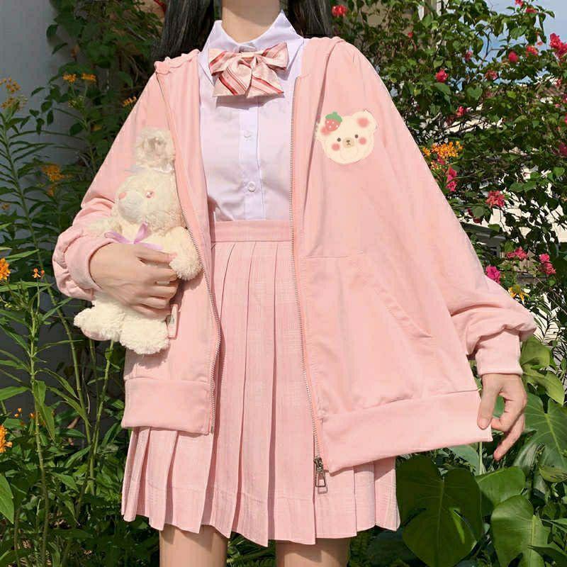 ขนาดใหญ่ Zip Hoodie น่ารัก BEAR (S - 7XL) BEAR STRAWBERRY เสื้อแจ็คเก็ตขนาดใหญ่สไตล์เกาหลี SML XL XX