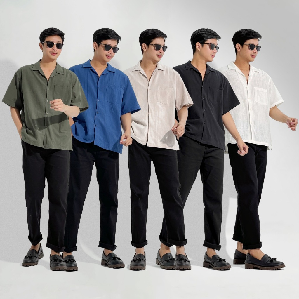 KEMEJA SHORT BASIC SHIRT LINEN / BOWLING COLLAR SHIRT / PLAIN SHORT LINEN SHIRT