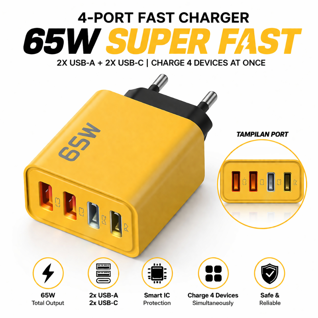 Original 65W PD Fast Charging ADAPTER QC3.0 Batok Charger 65W อะแดปเตอร์ 4 In 1 PD USB 4 พอร์ต Casan