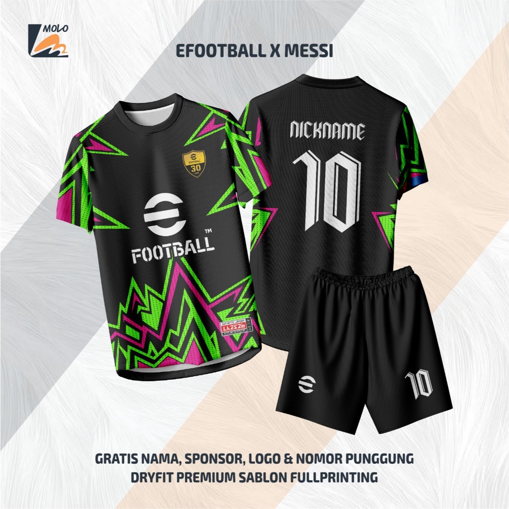 EFOOTBALL X MESSI Black Supporter Football/Futsal Jersey ฟรีชื่อที่กําหนดเองและหมายเลขด้านหลัง