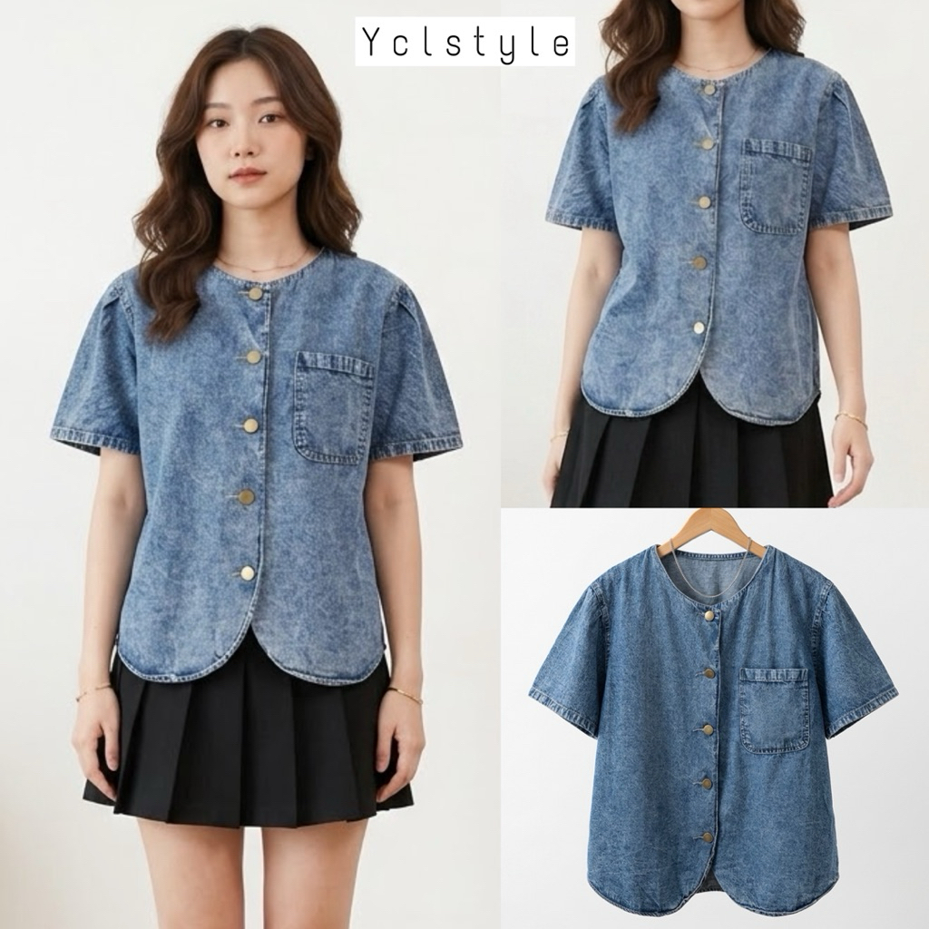[ycl] เสื้อเดนิม Necally - เสื้อยีนส์ผู้หญิงแขนสั้นอินเทรนด์ใหม่