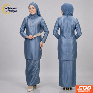 Setelan Baju Kurung Wanita Modern Bahan Satin Polos One Set Tunik Pakaian Melayu Kebaya Muslim Malaysia Pesta Premium